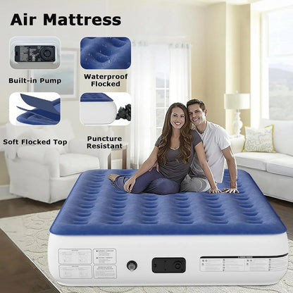 13" Queen Air Mattress, Portable Inflatable Blow Up Bed with Built-in Pump, Air Bed for Camping, Beach, Outdoor, Guest, Blue