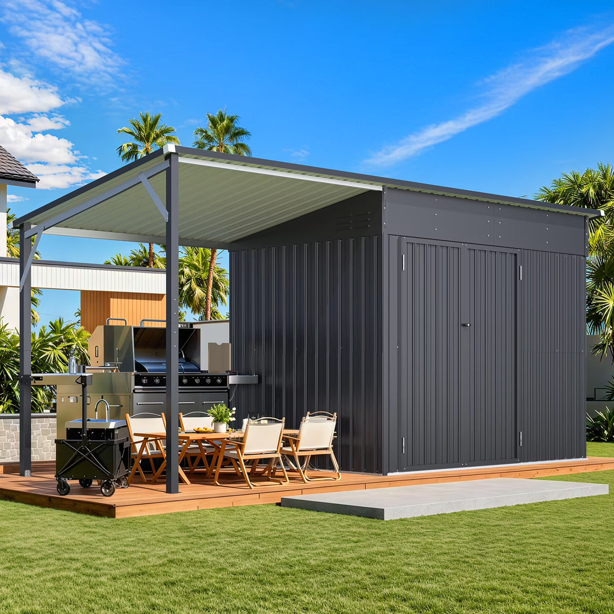 YODOLLA Outdoor Open-Sided Storage Shed, 3x5 Sheds & Outdoor Storage with 15 Sq. Ft Covered, 5x3 Small 2-in-1 Tool Shed with Attached Hardtop Metal Pergola Gazebo