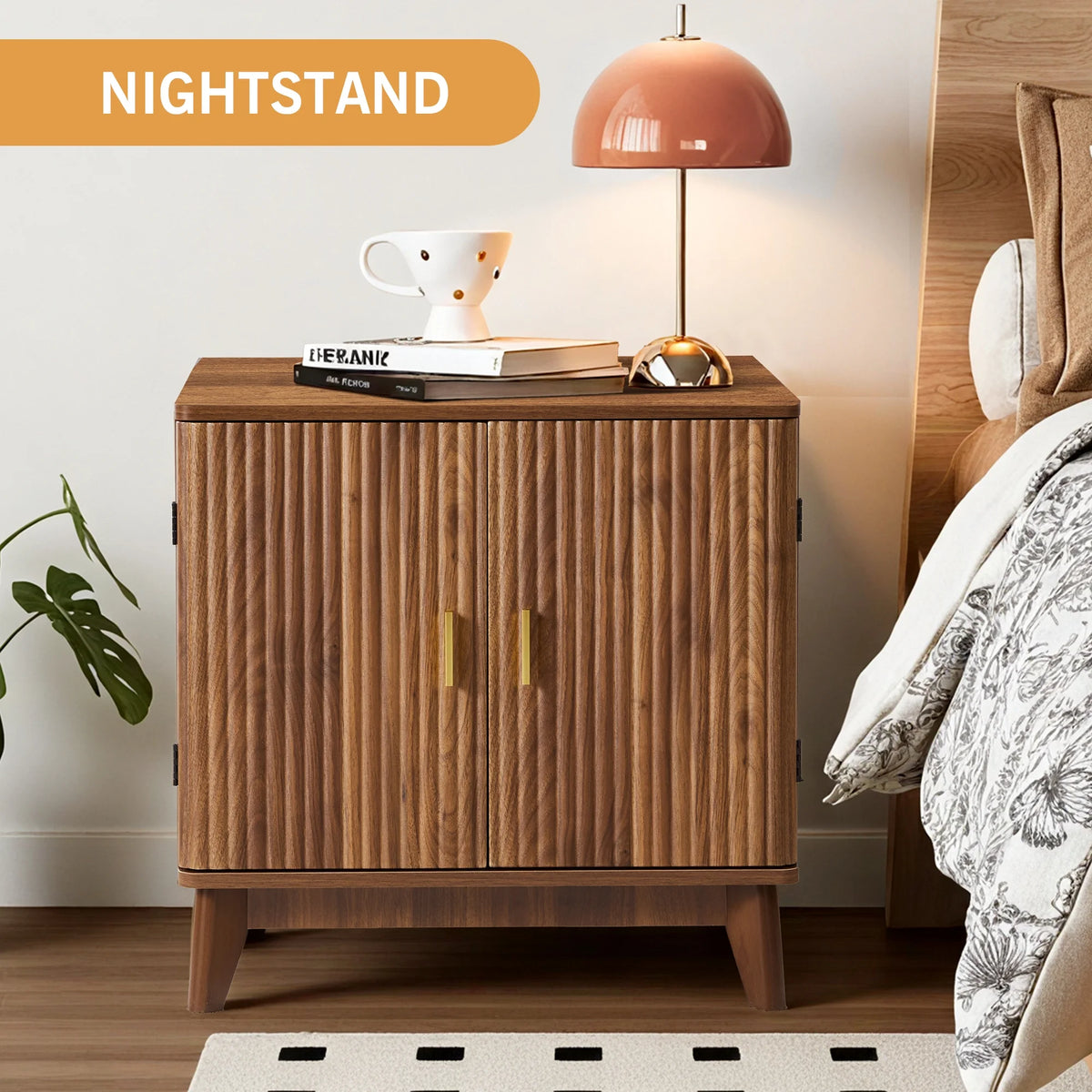 YOCWO Fluted Nightstand for Bedroom Set of 2 , Wood Bedside Table Set of 2 with Drawers, Black