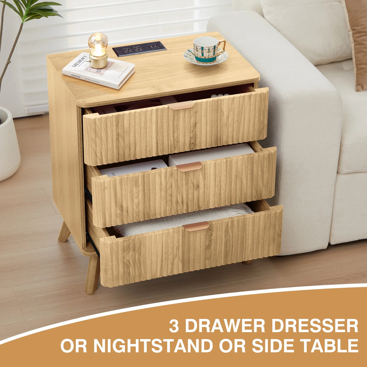 YOCWO Fluted Nightstand for Bedroom Set of 2 , Wood Bedside Table Set of 2 with Drawers, Black