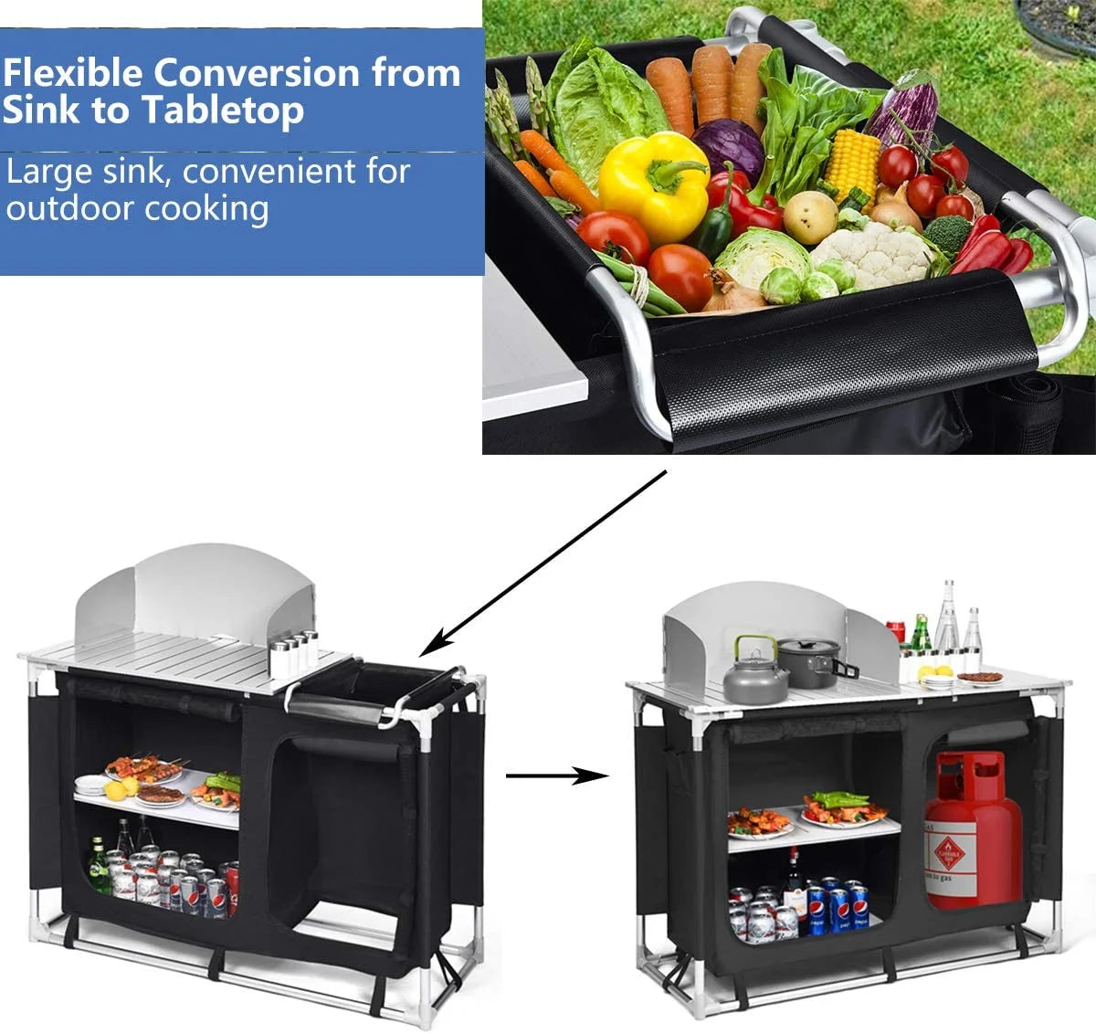Portable Camping Kitchen Table, Camping Grill Table w/Windscreen & Storage Organizer, Outdoor Kitchen Cook Station with Basin for BBQ, Party, Picnics, Backyards, BBQ Table
