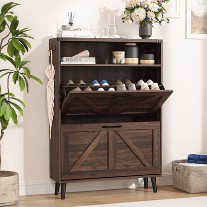 Veanerwood Shoe Cabinet with 2 Flip Drawers Farmhouse Shoe Storage Cabinet Organizer for Entryway, Gray