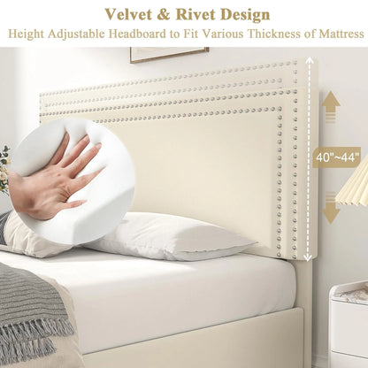 VECELO Full Bed Frame with 4 Storage Drawers (Wheeled) and Tufted Upholstered Adjustable Headboard Platform Bed, Beige