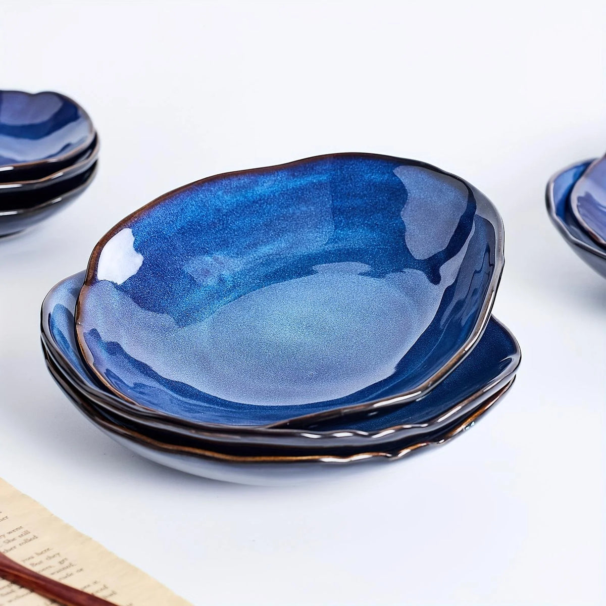 TAUFIKT 16pcs Nordic-style Ceramic Tableware Set, Blue Irregular Artistic Design Dinnerware