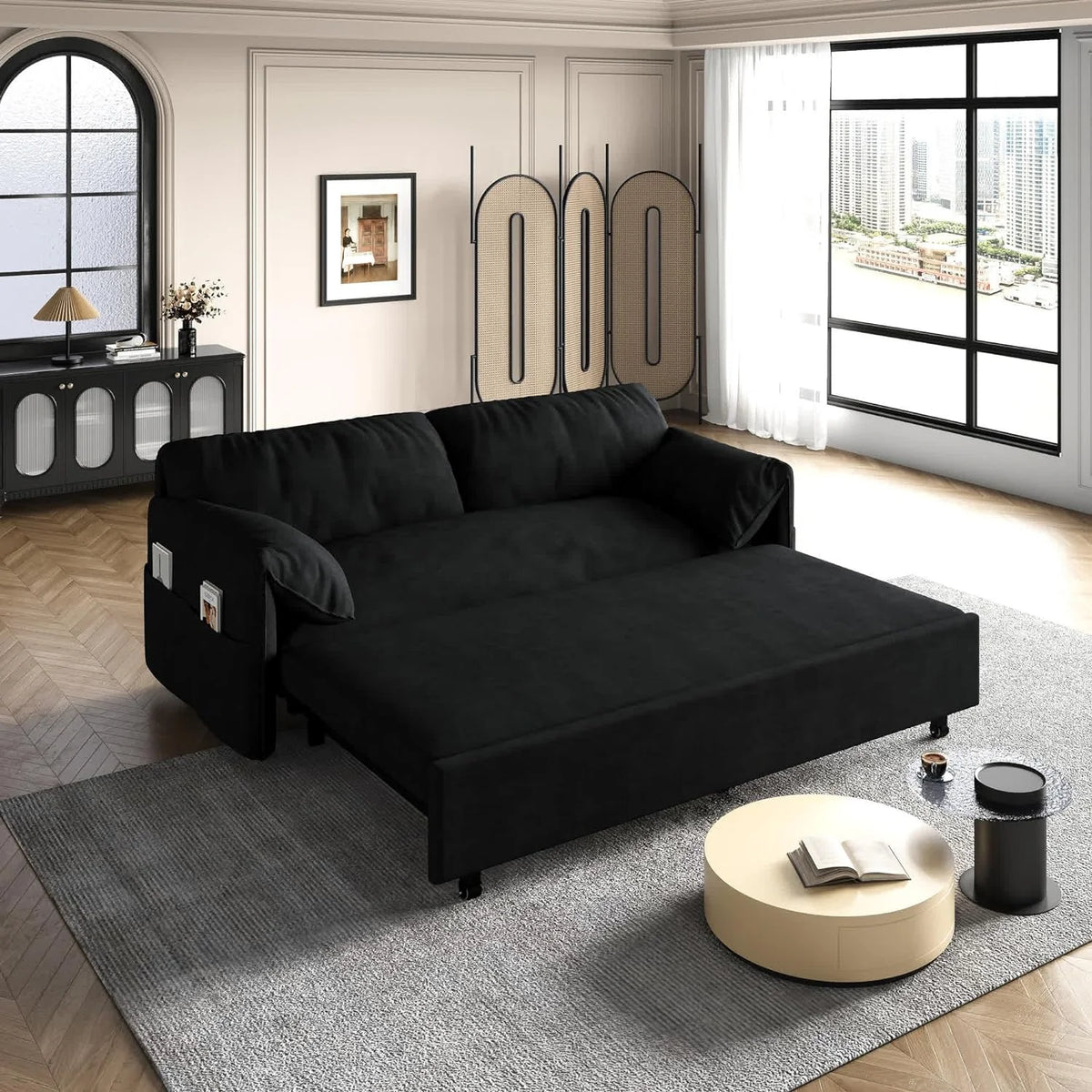 Tabaray 63.8" Futon Sofa Bed Queen Size, Pull Out Bed, 3-in-1 Convertible Sleeper Sofa with Side Pocket, Modern Plush Velvet Futon Couch for Living Room, Small Space, Apartment, Bedroom, Black