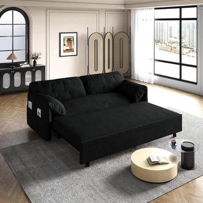 Tabaray 63.8" Futon Sofa Bed Queen Size, Pull Out Bed, 3-in-1 Convertible Sleeper Sofa with Side Pocket, Modern Plush Velvet Futon Couch for Living Room, Small Space, Apartment, Bedroom, Black