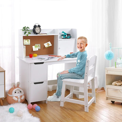Wpond Kids Desk and Chair Set, Wooden Children Study Table with Storage, Bulletin Board, Student Computer Workstation Writing Desk for Kids Bedroom, School, White
