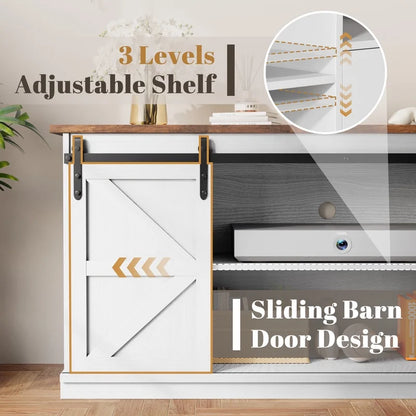 Vineego 70 inch Farmhouse TV Stand for Living Room, Entertainment Center with Sliding Barn Doors & 4 Storage Drawers, Adjustable Shelves Rustic Media Console for Bedroom,White