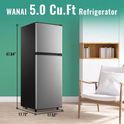 WANAI 5.0 Cu.ft Mini Refrigerator with Freezer 7 Settings Temp Adjustable Large Compact Fridge Silver