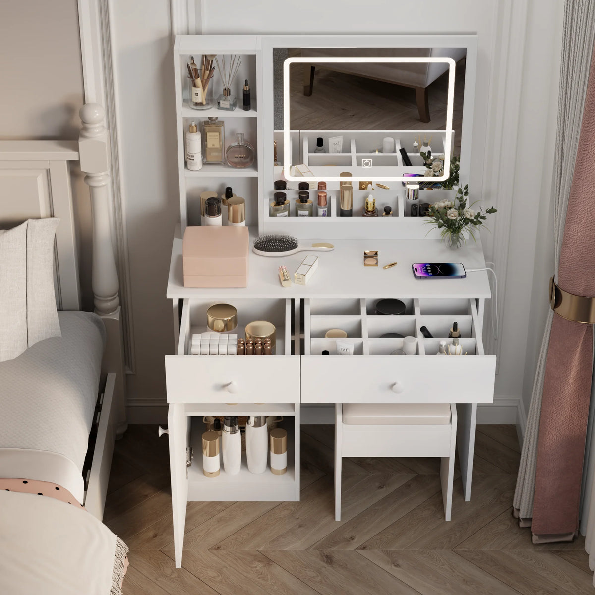 Wohh MDF Makeup Vanity with LED Mirror, Dressing Table and 5 Drawers, White