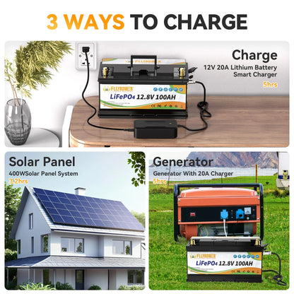 12V 100Ah LiFePO4 Lithium Battery with a Charger,for RV,Marine,Solar,Trolling Motor,Camping,Home Energy Storage,Built in 100A BMS,15000+Deep Cycles