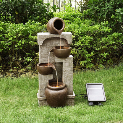 Teamson Home 28.5" Solar Powered 4-Tier Cascading Bowls & Stacked Stones Garden Water Fountain with LED Lights, Brown
