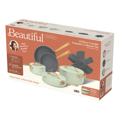 Beautiful 12pc Ceramic Non-Stick Cookware Set with Strainer Lids, White Icing by Drew Barrymore