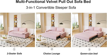 Tabaray 63.8" Futon Sofa Bed Queen Size, Pull Out Bed, 3-in-1 Convertible Sleeper Sofa with Side Pocket, Modern Plush Velvet Futon Couch for Living Room, Small Space, Apartment, Bedroom, Black