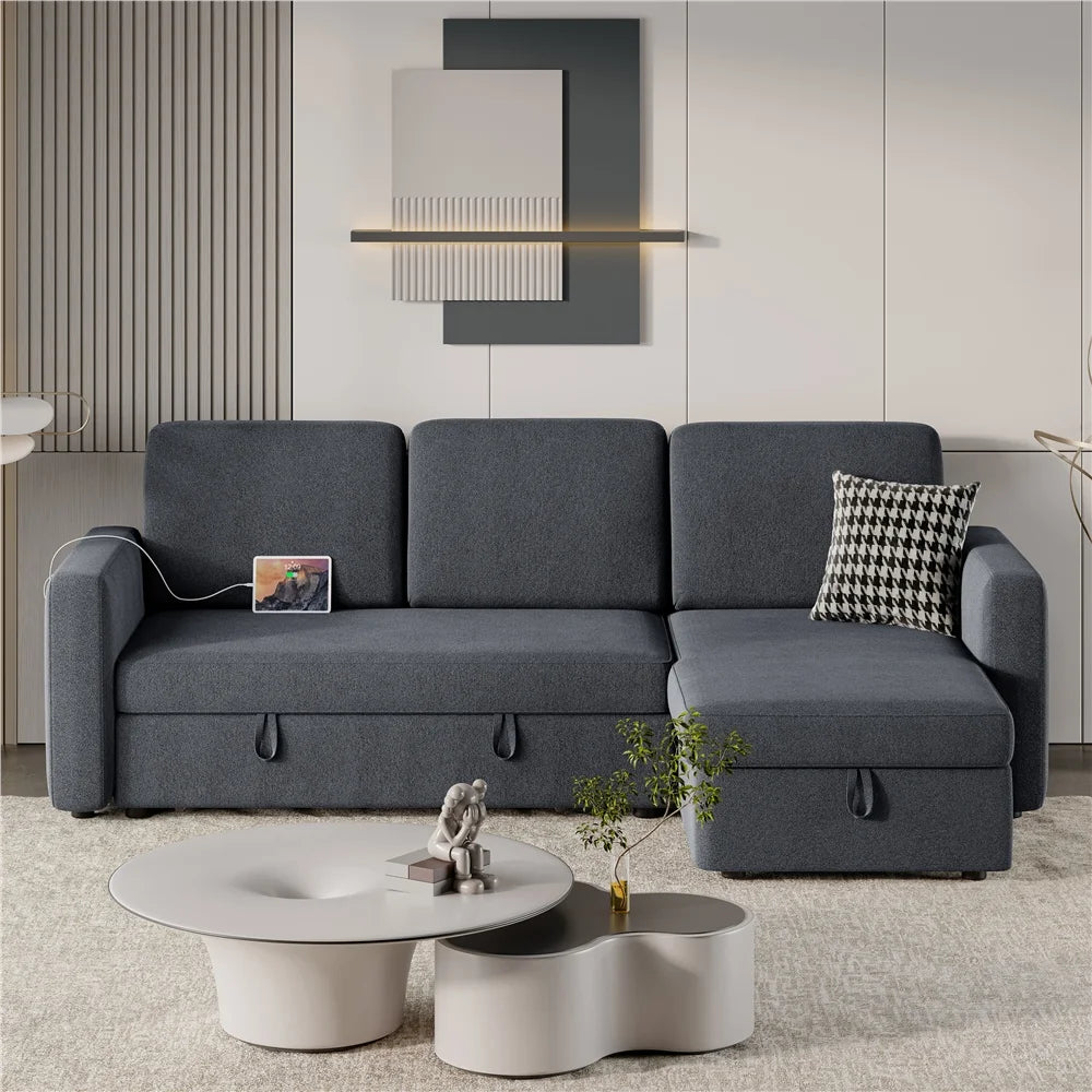 Alden Design Reversible Sectional Sofa with USB & Type-C Ports for Livingroom, Light Gray