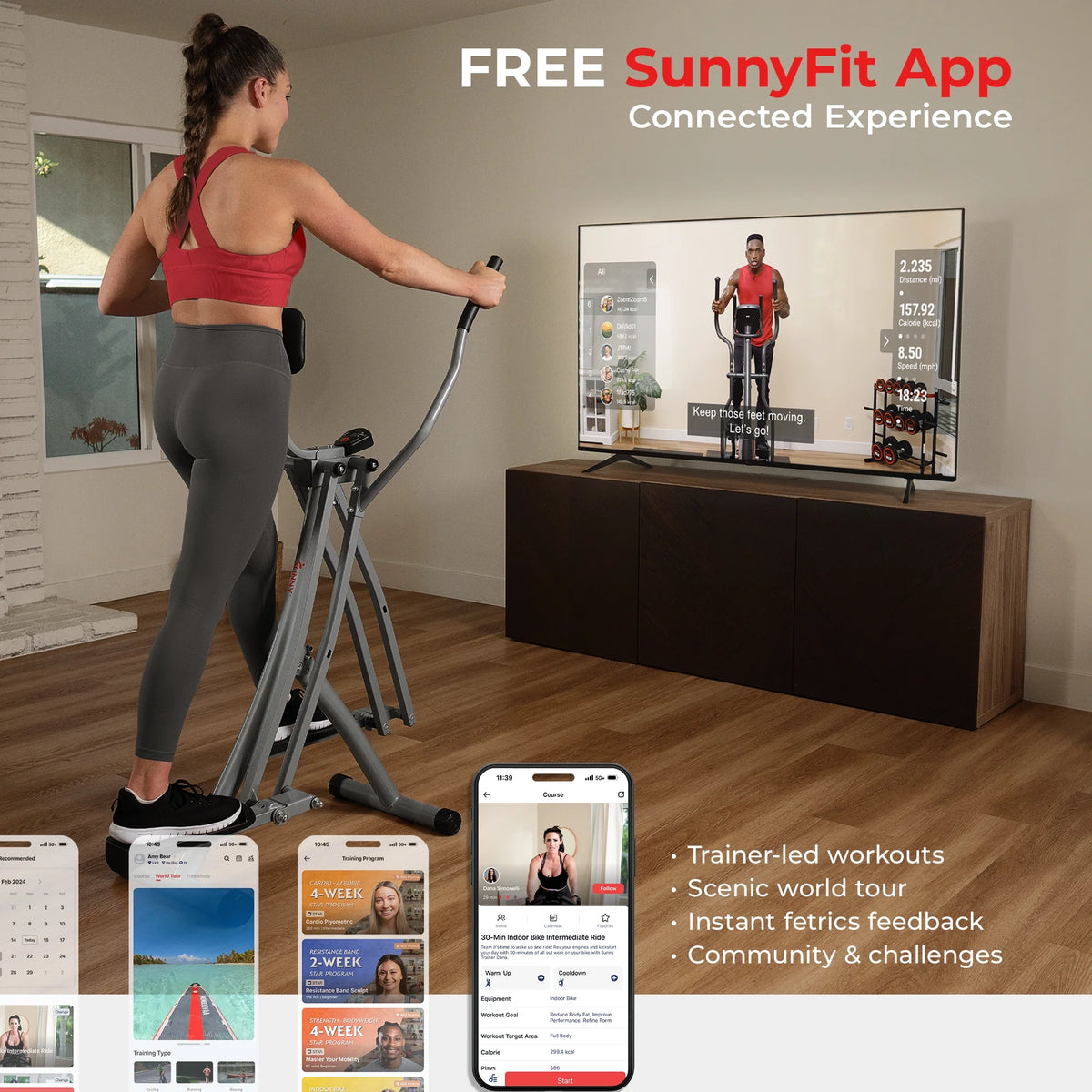 Sunny Health & Fitness Manual Air Walker Elliptical – 30″ Stride, Low Impact, Lightweight, Quiet with Free SunnyFit App