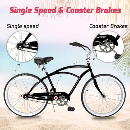 Tracer BORA Beach Cruiser Bike for Adult, 26 Inch Wheels, Featuring Steel Step Over or Step Through Hi Ten Steel Frame, 1 Speed with Coaster Brake, Hybrid Bike, Black Color