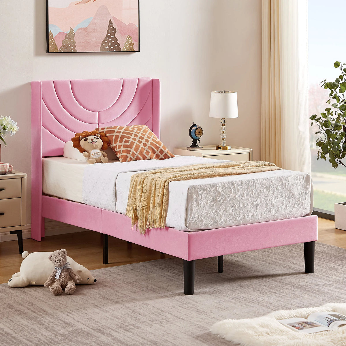 VECELO Set of 2 Twin Bed Frames, Modern Upholstered Platform Bed Frame with Tufted Headboard, No Box Spring Needed, Dark Green