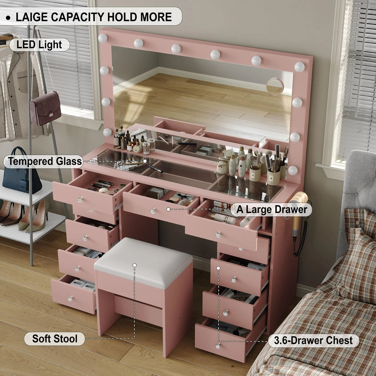 White Vanity Desk with Illuminated Mirror & Power Outlet, 11 Drawers Vanity Table with Chair, Makeup Vanity with 12 LED Lights, Tempered Glass Top, Dressing Table for Bedroom,Dressing Room