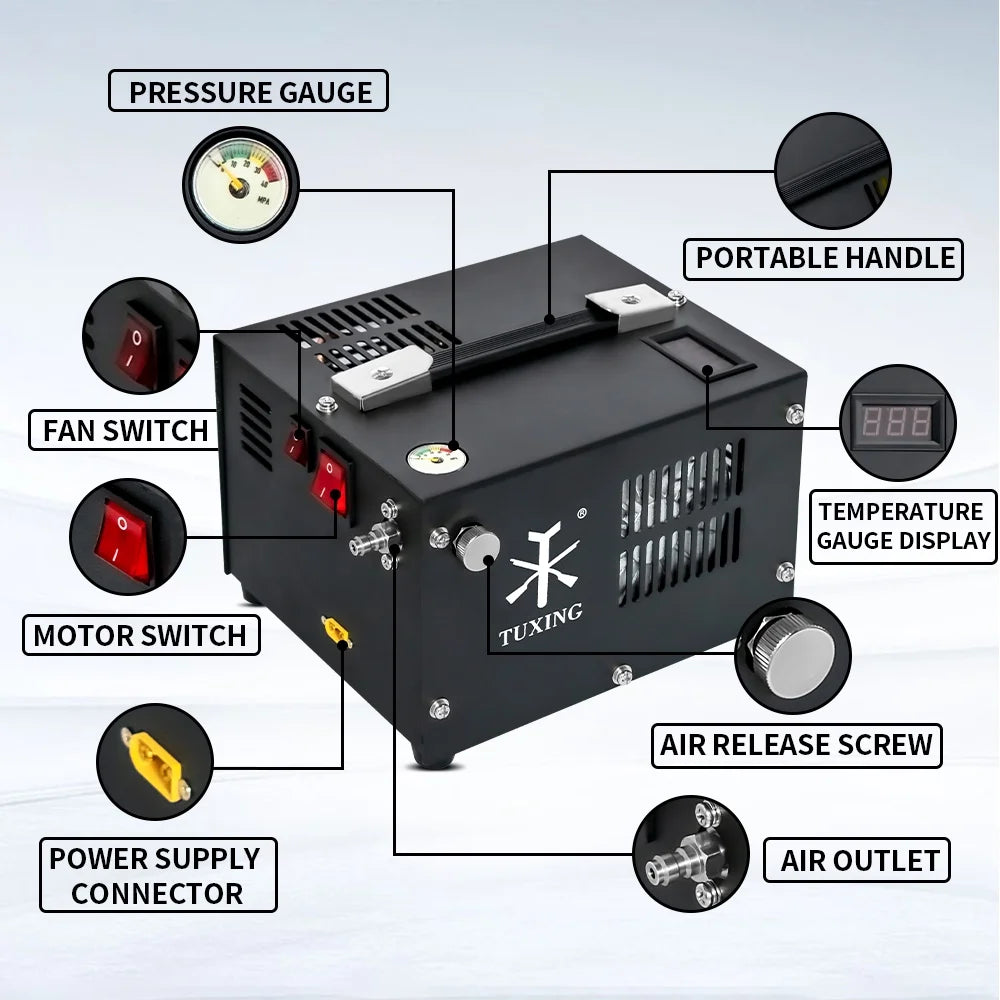 TUXING 4500Psi PCP Air Compressor w/ Built-in Transformer, One-Button Start for PCP Rifles, Paintball Guns, Diving Tanks