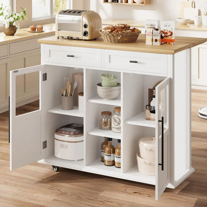 WALYWIK Foldable Kitchen Island Cart with Wheels, 2 Glass Doors, Spice Rack & Towel Holder �C Compact Mobile Storage Cart for Small Kitchens, Dining Rooms, Camping & RVs - Grey