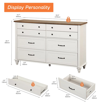 White 8 Drawer Dresser for Bedroom, Wooden Chest of Drawers for Living Room