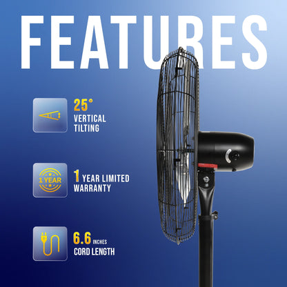 Tornado - 20 Inch High Velocity Metal Oscillating Pedestal Fan - Commercial, Industrial Use Water-Resistant