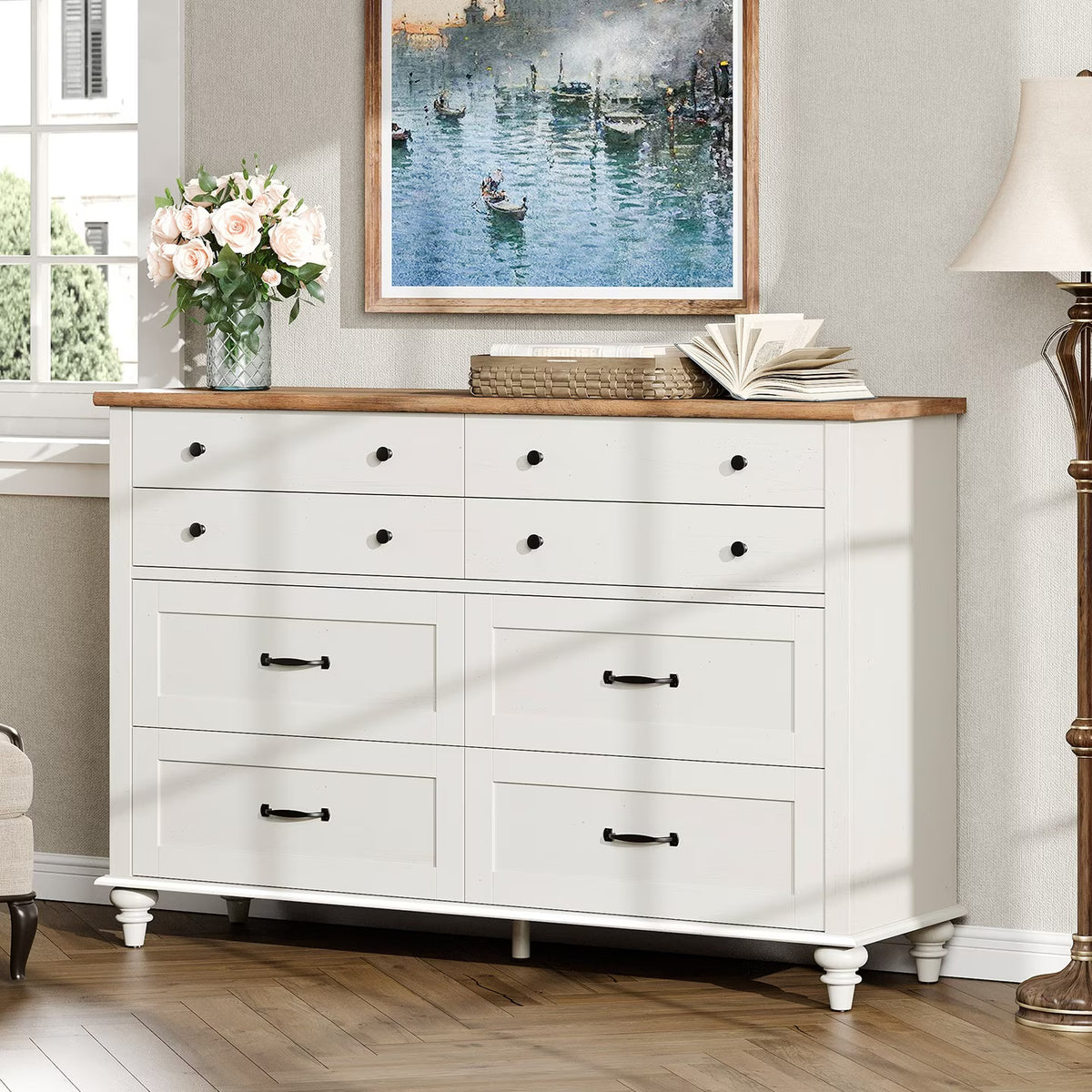 White 8 Drawer Dresser for Bedroom, Wooden Chest of Drawers for Living Room