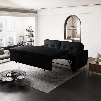 Tabaray 63.8" Futon Sofa Bed Queen Size, Pull Out Bed, 3-in-1 Convertible Sleeper Sofa with Side Pocket, Modern Plush Velvet Futon Couch for Living Room, Small Space, Apartment, Bedroom, Black