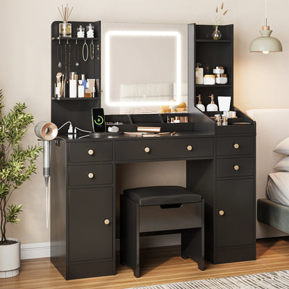 Vanity Set with Mirror and Lights, Makeup Table with Charging Station,5 Drawers & Storage Shelves, White