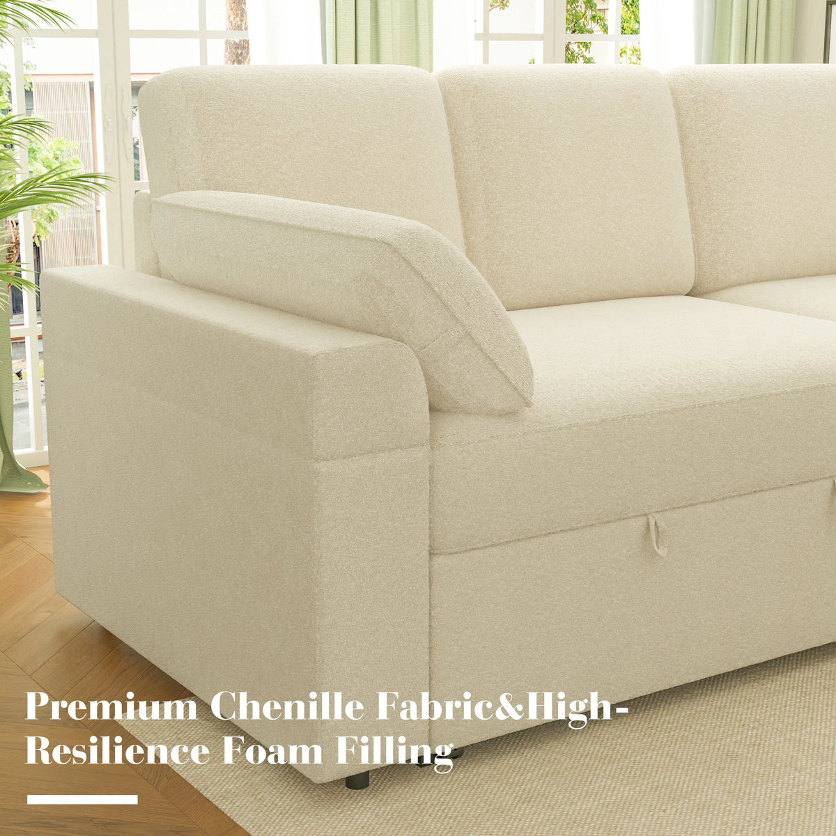 VANACC Sofa Bed, Adult Sleeper Sofa with Storage Chaise, Pull Out Couch for Bed Room, Gray Chenille