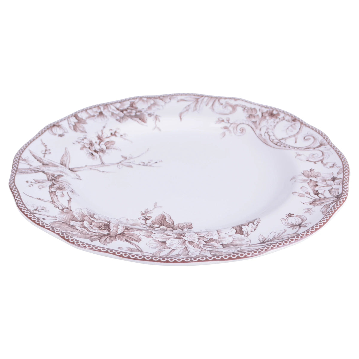 222 Fifth Adelaide Brown on White Porcelain 12 Piece Dinnerware Set, Plates & Bowls, Service for 4