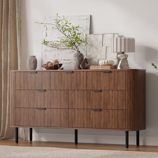 7-Drawer Fluted Dresser for Bedroom, 60 Inch Wide Modern Wood Chest with Metal Handles, Curved Profile Design - Also Ideal as TV Stand for Living Room, Hallway, Black
