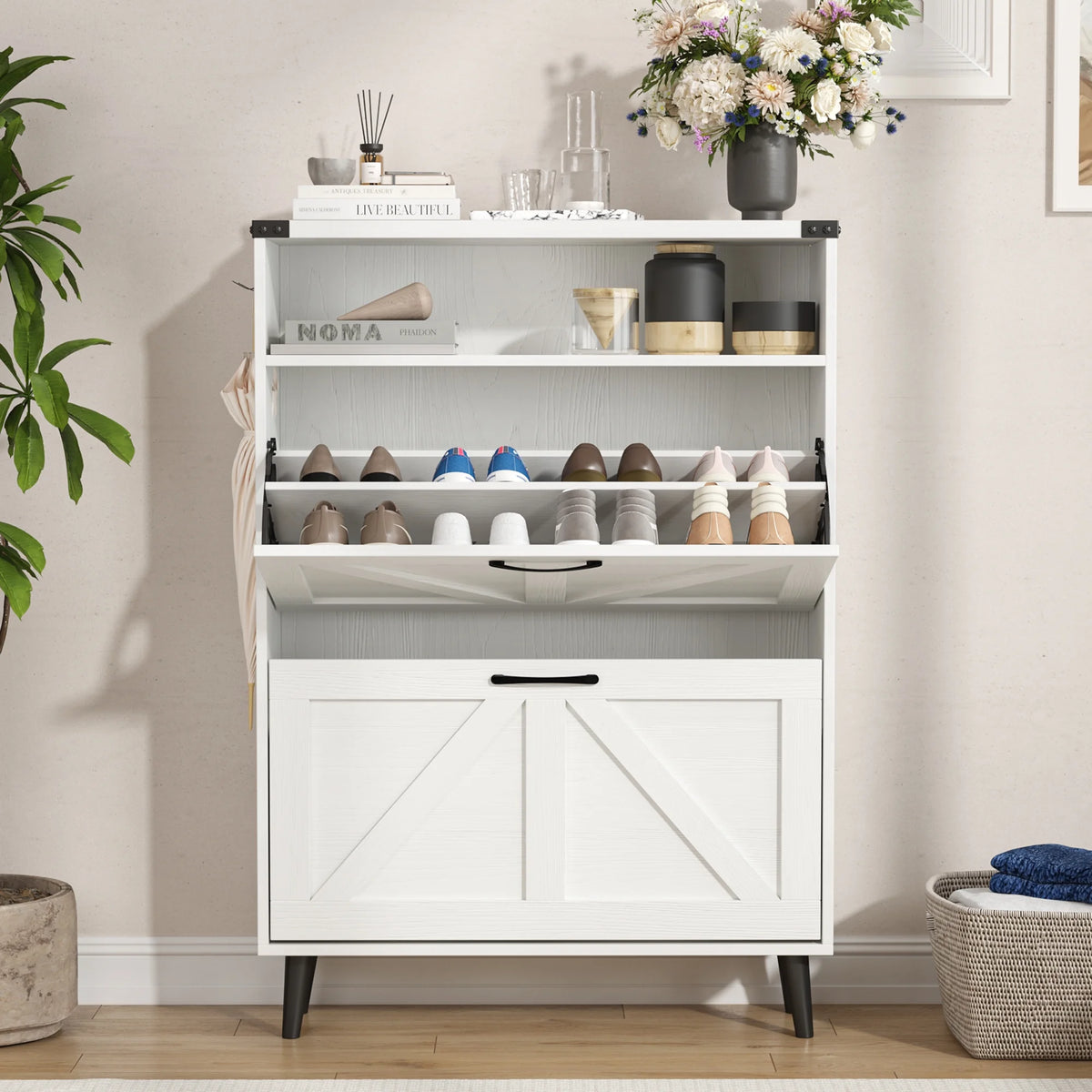 Veanerwood Shoe Cabinet with 2 Flip Drawers Farmhouse Shoe Storage Cabinet Organizer for Entryway, Gray