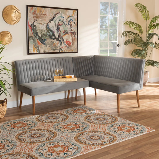 Baxton Studio Alvis Mid-Century Modern Grey Velvet Upholstered Back 2-Piece Dining Corner Bench