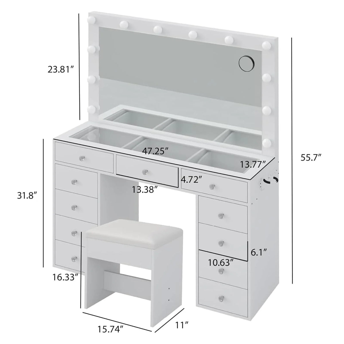 White Vanity Desk with Illuminated Mirror & Power Outlet, 11 Drawers Vanity Table with Chair, Makeup Vanity with 12 LED Lights, Tempered Glass Top, Dressing Table for Bedroom,Dressing Room