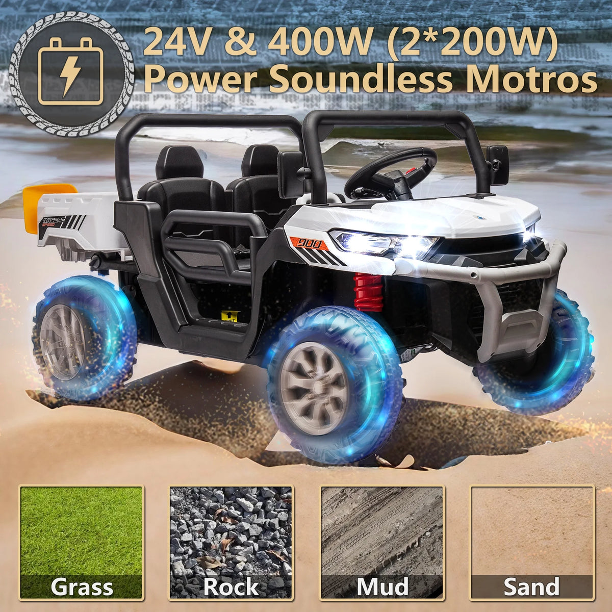 Xuanlur 24V 2 Seater Kids Ride on Car Truck, Ride on UTV W/ 2x200W Motor, 24 Volt Ride on Toys W/ Dump Bed/Shovel, Electric Car for Kids W/ Durable Tires, LED Light, Music, Remote Control, Black