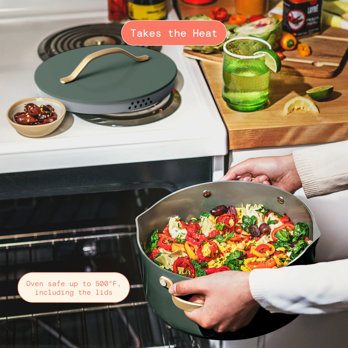 Beautiful 12pc Ceramic Non-Stick Cookware Set with Strainer Lids, White Icing by Drew Barrymore