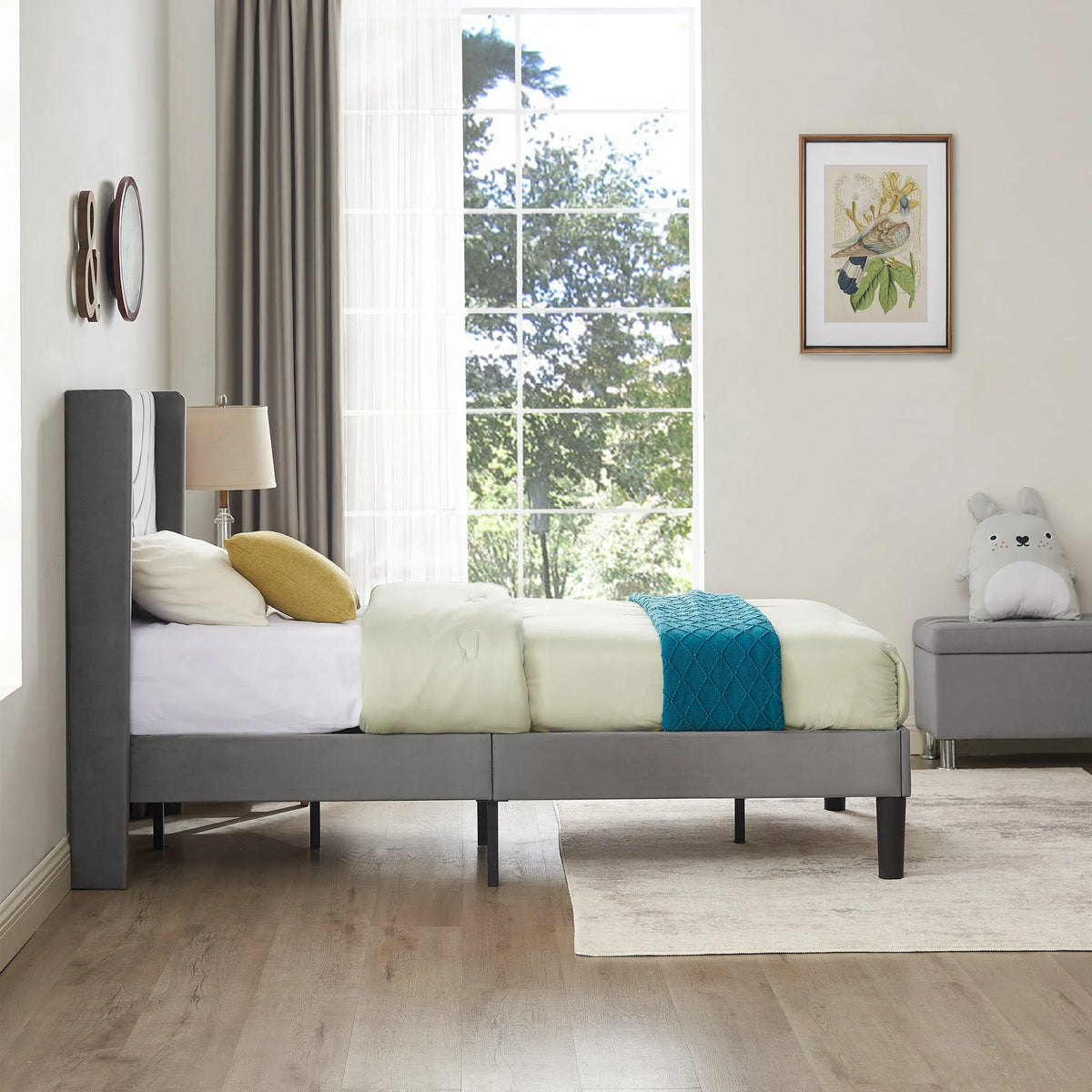 VECELO Set of 2 Twin Bed Frames, Modern Upholstered Platform Bed Frame with Tufted Headboard, No Box Spring Needed, Dark Green