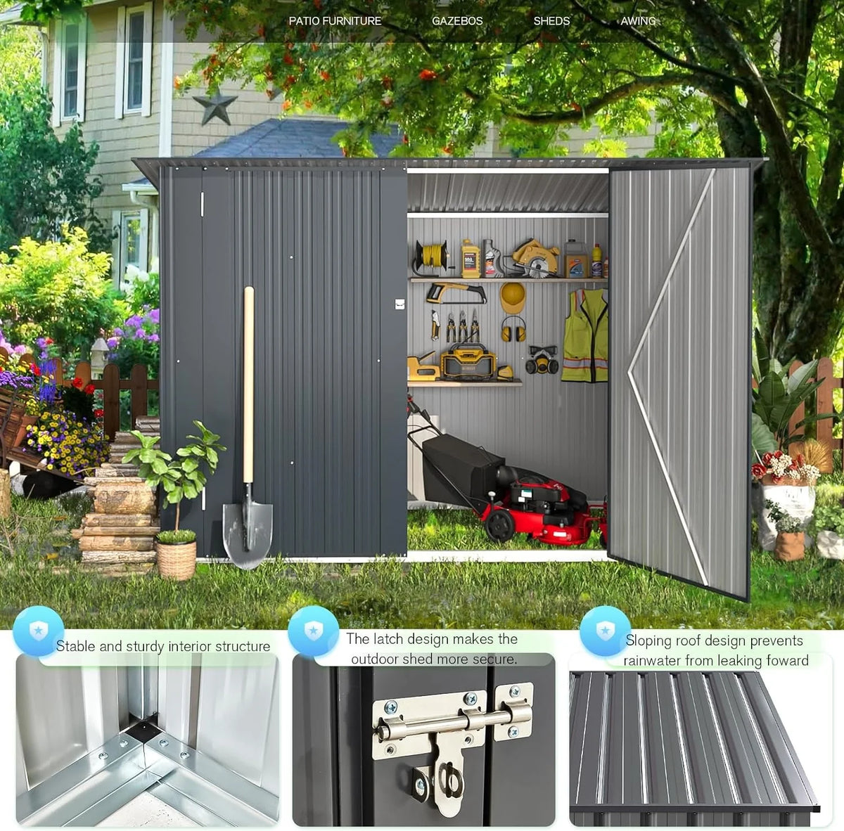 YODOLLA Outdoor Storage Shed, 3 x 7 Ft Bike Sheds & Outdoor Storage, Small Metal Outdoor Storage Cabinet for Garden