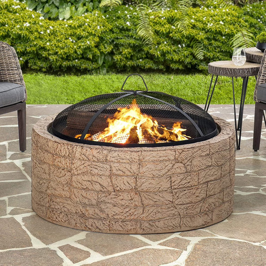 Sunjoy Stone Fire Pit 26 Inch, Outdoor Round Wood Burning Fire Pits with Spark Screen and Poker Grey