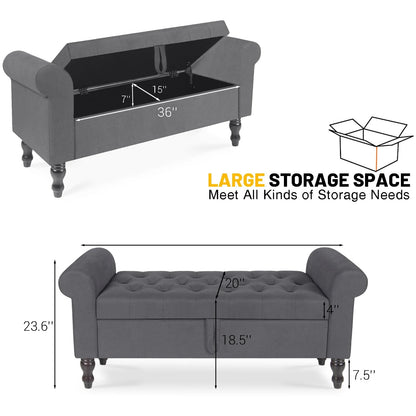 Storage Bench with Upholstered Rolled Arm Ottoman Bench Couch w/ Solid Wood Legs for Bedroom End of Bed,and Living room,Gray