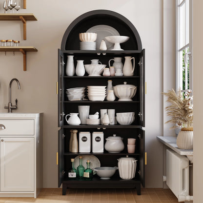 VEANERWOOD 71" Tall Arch Cabinet, Wood Fluted Kitchen Kitchen Storage Cabinet with 4 Doors and 6 Shelves for Dining Room Living Room