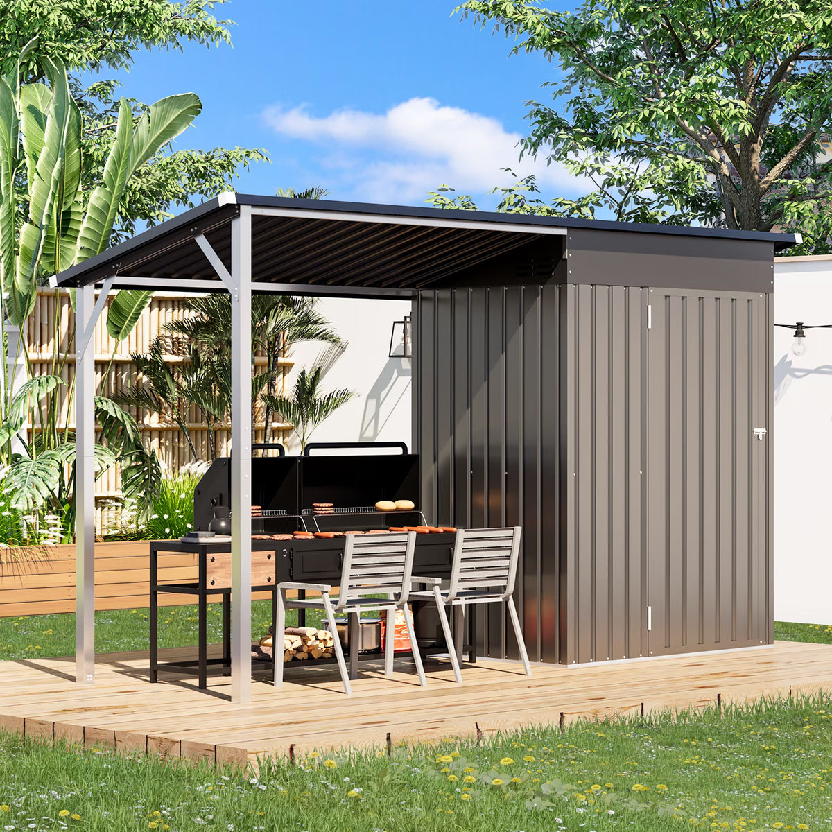 YODOLLA Outdoor Open-Sided Storage Shed, 3x5 Sheds & Outdoor Storage with 15 Sq. Ft Covered, 5x3 Small 2-in-1 Tool Shed with Attached Hardtop Metal Pergola Gazebo