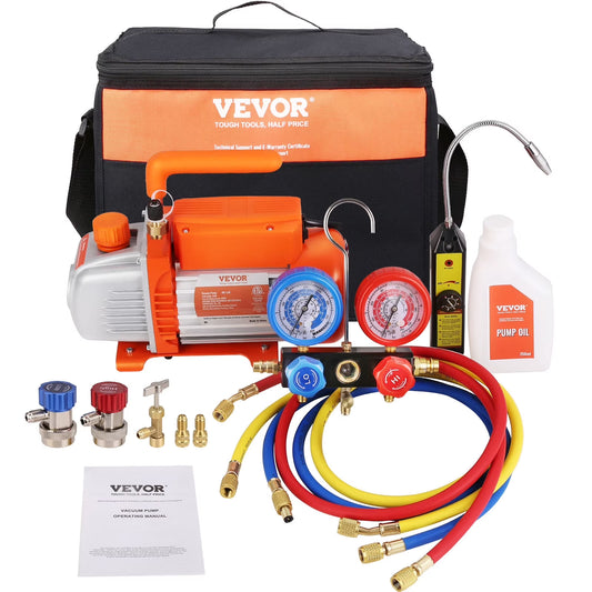 VEVOR 1/4 HP 4.5 CFM AC Vacuum Pump and Gauge Set, Single Stage Rotary Vane HVAC Air Vacuum Pump A/C?Refrigerant?Kit Manifold Gauge Set, with Three-Color Hose Carry Bag, Applicable to R134a, R410a