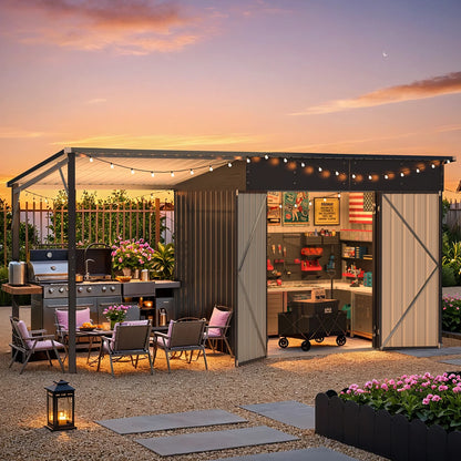 YODOLLA Outdoor Open-Sided Storage Shed, 3x5 Sheds & Outdoor Storage with 15 Sq. Ft Covered, 5x3 Small 2-in-1 Tool Shed with Attached Hardtop Metal Pergola Gazebo