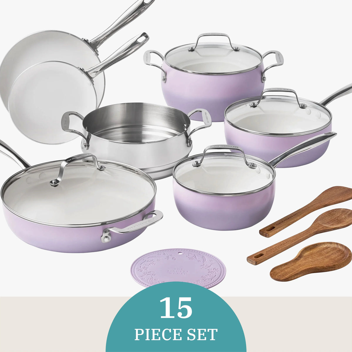 The Pioneer Woman Harlow 15-Piece Cookware Set, Ceramic Non-Stick Pots and Pans Set, Taupe