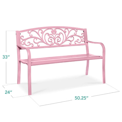 Best Choice Products Outdoor Steel Bench Garden Patio Porch Furniture w/ Floral Design Backrest - Black