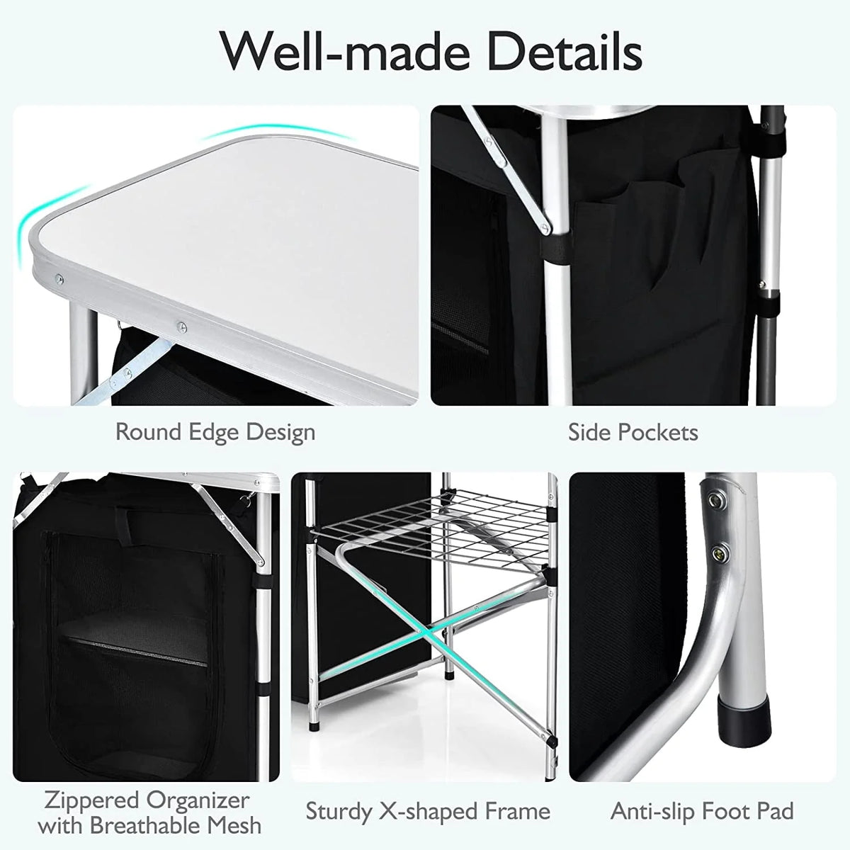 Camping Kitchen Table with Storage, Aluminum Portable Outdoor Cooking Table with Windscreen, Foldable Camp Table Cook Station for BBQ, Grill, Party, Picnics