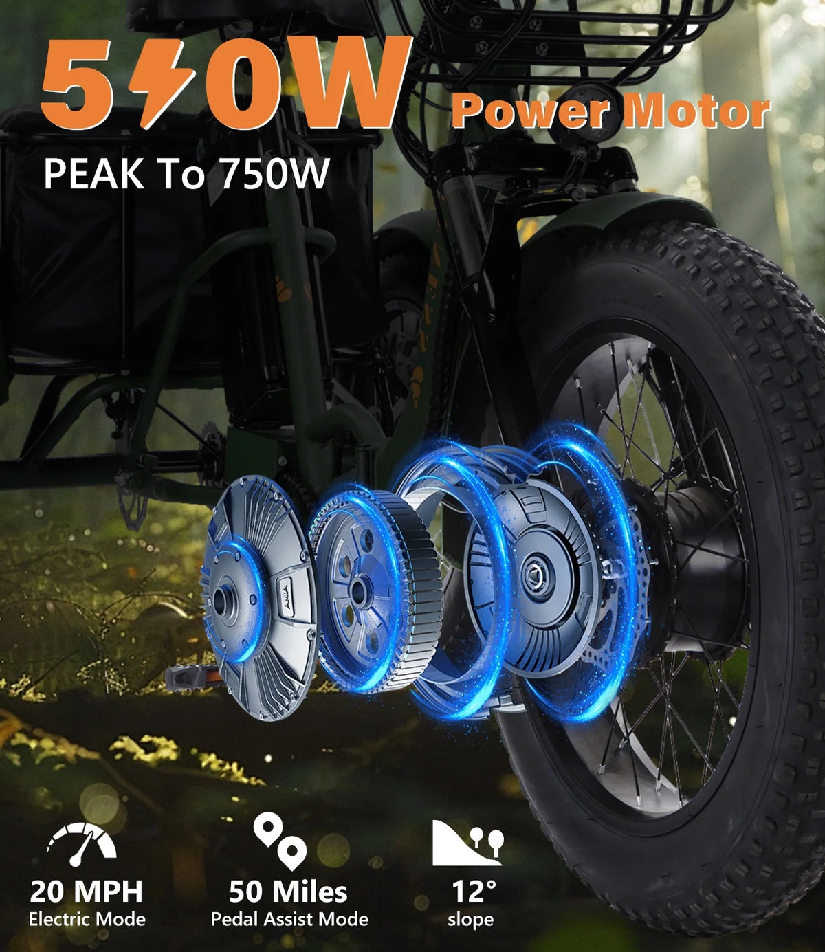 YEBEI Electric Tricycle for Adults Folding E-Trike Motorized Tricycle Electric 3 Wheels Trike Powerful 500W Motor Electric Tricycle 48V15AH Lithium Battery Max 20MPH 20*4.0�� Fat Tire Orange